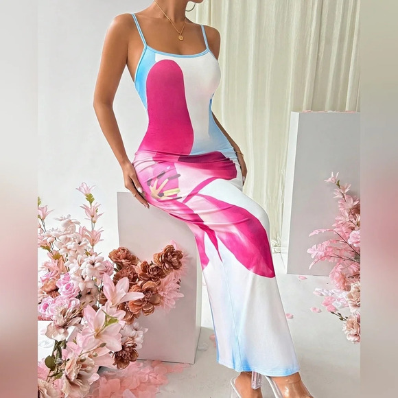 Slim Fit Color Block Flower Printed Cami Dress - Picture 4 of 6